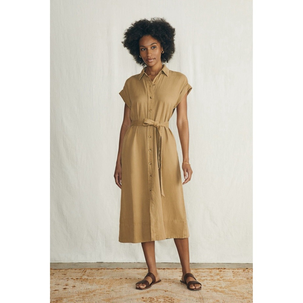 NWT FAHERTY Sz S‎ Arlie Shirt Dress Midi Short Slv Antique Bronze Brown Tie Belt